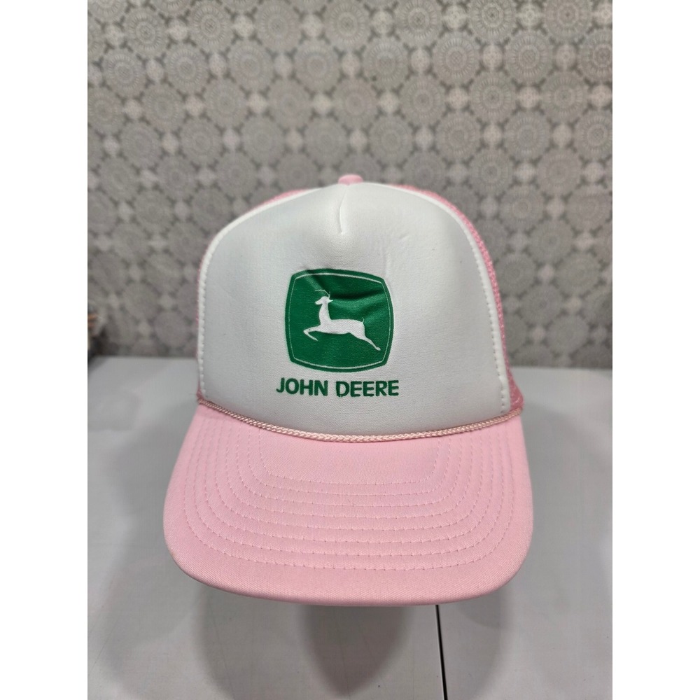 John Deere Pink White Mesh Trucker Hat Adjustable Cap Farm Style